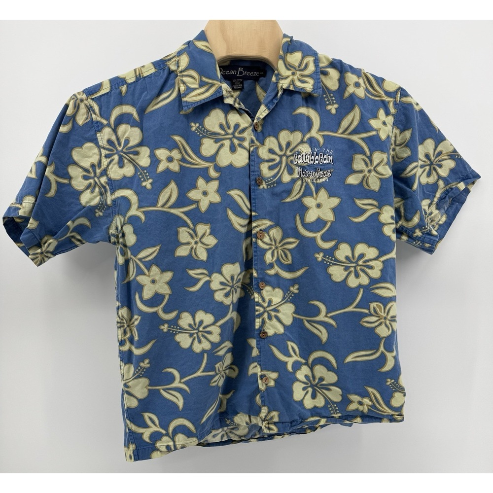 Ocean Breeze Hawaiian Shirt‎ Men's Size L Caribbean Mardi Gras Embroidered Aloha